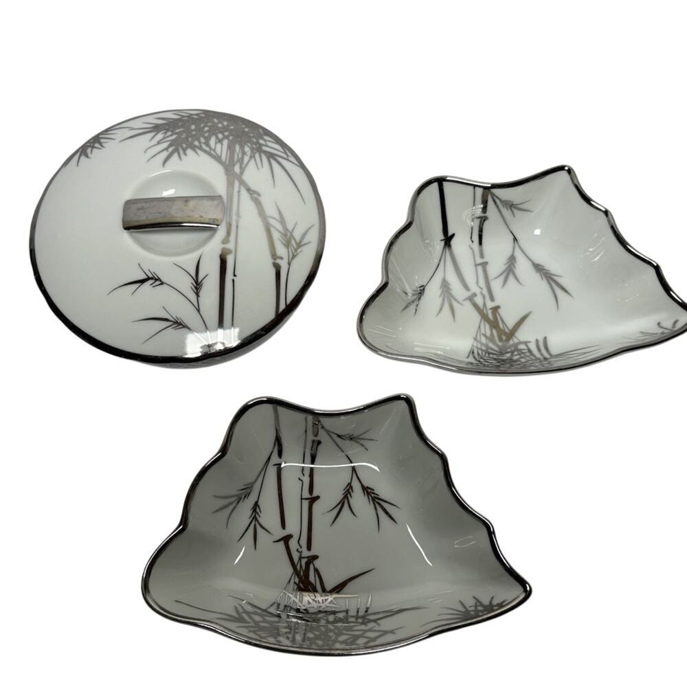 3 Kutani Silver Bamboo Porcelain Bowl Sugar Trinket Bowl w/Lid Two Candy Dishes